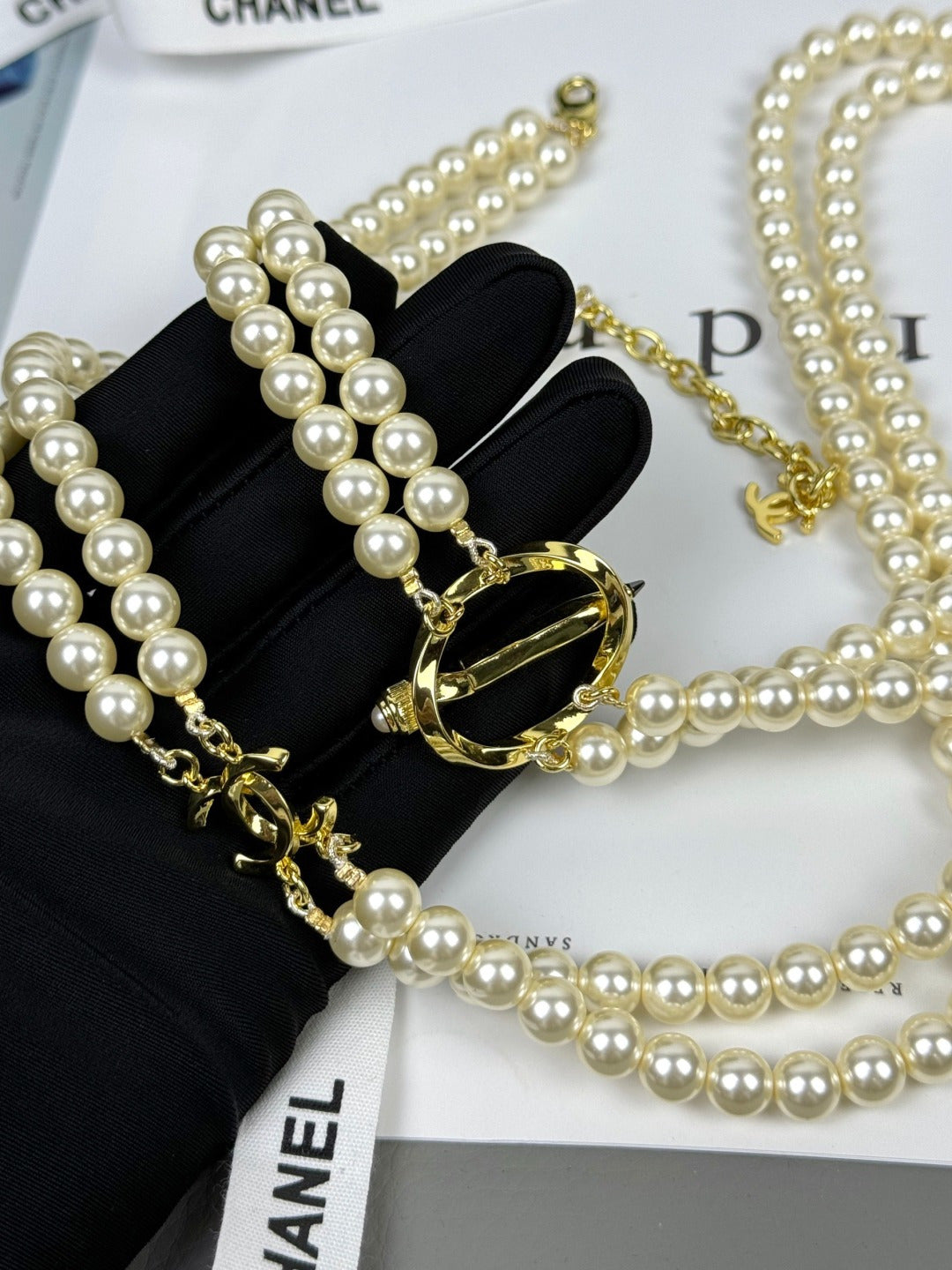 [⭐Hevara Jewelry]25K Pencil Double C Double-Layer Pearl Sweater Chain