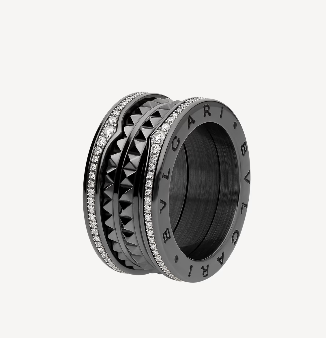 [⭐Hevara Jewelry]ZERO 1 ROCK FOUR-BAND BLACK CERAMIC WITH STUDDED SPIRAL AND PAVED DIAMONDS RING