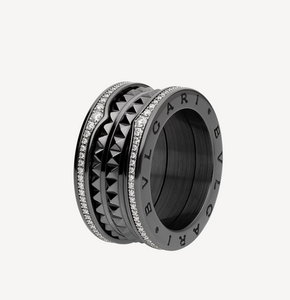 [⭐Hevara Jewelry]ZERO 1 ROCK FOUR-BAND BLACK CERAMIC WITH STUDDED SPIRAL AND PAVED DIAMONDS RING