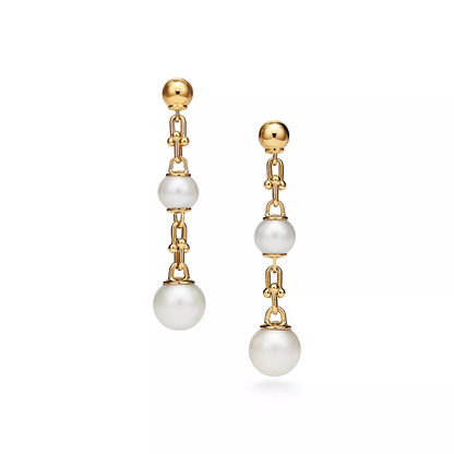 [Hevara Jewelry]TRIPLE DROP LINK EARRINGS GOLD WITH FRESHWATER PEARLS
