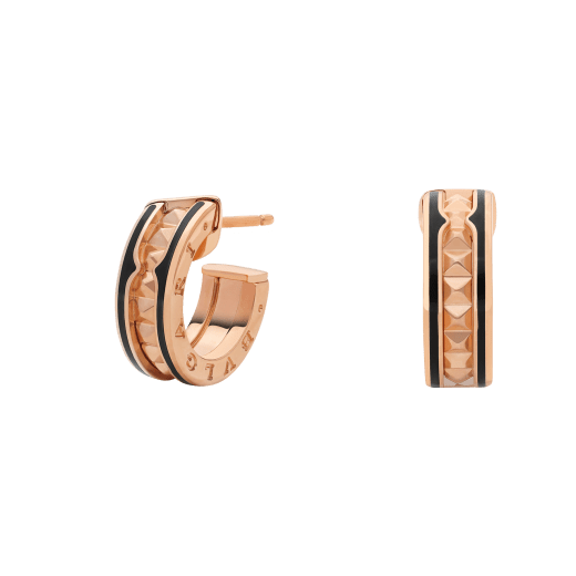 [⭐Hevara Jewelry]ZERO 1 ROCK PINK GOLD EARRINGS WITH STUDDED SPIRAL AND BLACK CERAMIC