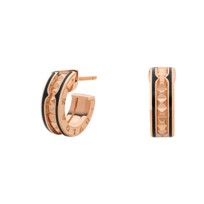 [⭐Hevara Jewelry]ZERO 1 ROCK PINK GOLD EARRINGS WITH STUDDED SPIRAL AND BLACK CERAMIC