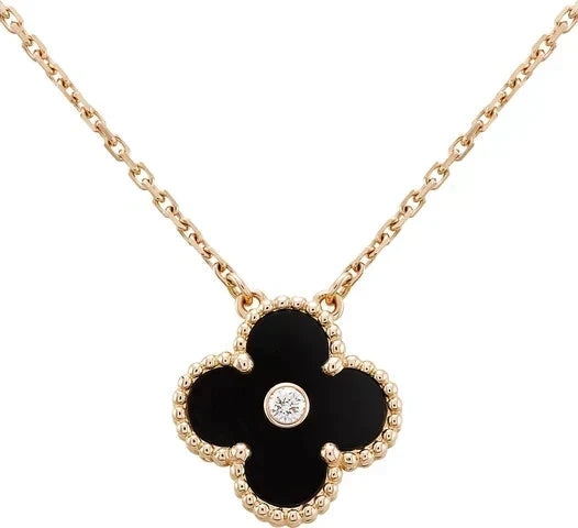 [⭐Hevara Jewelry]CLOVER 15MM DIAMOND ONYX NECKLACE