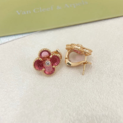 [⭐Hevara Jewelry]2026 NEW  CLOVER 1 MOTIFPINK ENAMEL STUD EARRINGS WITH DIAMONDS2