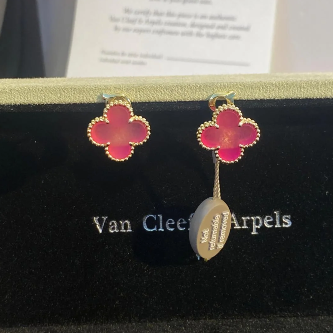[⭐Hevara Jewelry]NEW CLOVER 15MM PINK ENAMEL STUD EARRINGS