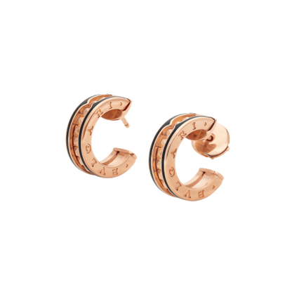 [⭐Hevara Jewelry]ZERO 1 ROCK PINK GOLD EARRINGS WITH STUDDED SPIRAL AND BLACK CERAMIC