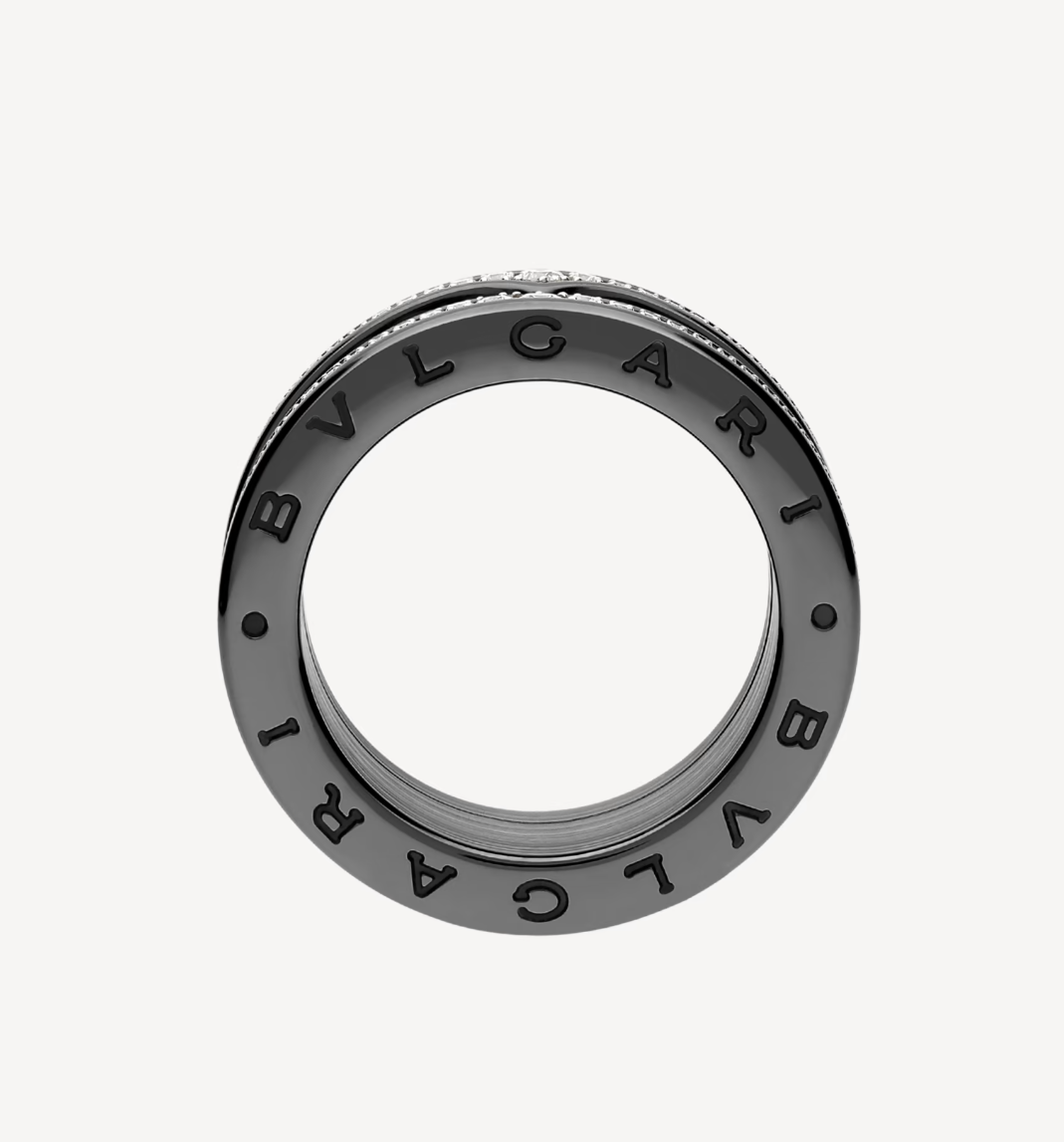 [⭐Hevara Jewelry]ZERO 1 ROCK FOUR-BAND BLACK CERAMIC WITH STUDDED SPIRAL AND PAVED DIAMONDS RING