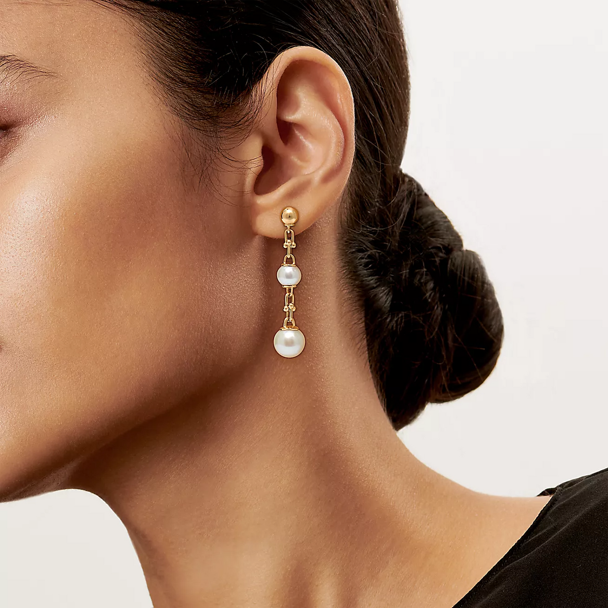 [Hevara Jewelry]TRIPLE DROP LINK EARRINGS GOLD WITH FRESHWATER PEARLS