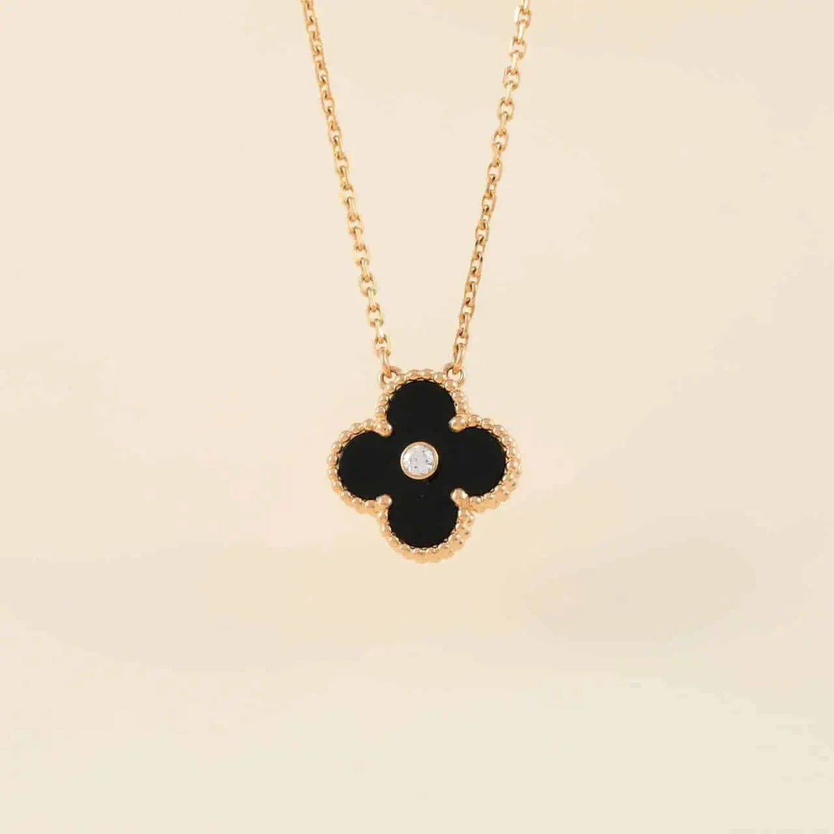 [⭐Hevara Jewelry]CLOVER 15MM DIAMOND ONYX NECKLACE