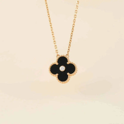 [⭐Hevara Jewelry]CLOVER 15MM DIAMOND ONYX NECKLACE