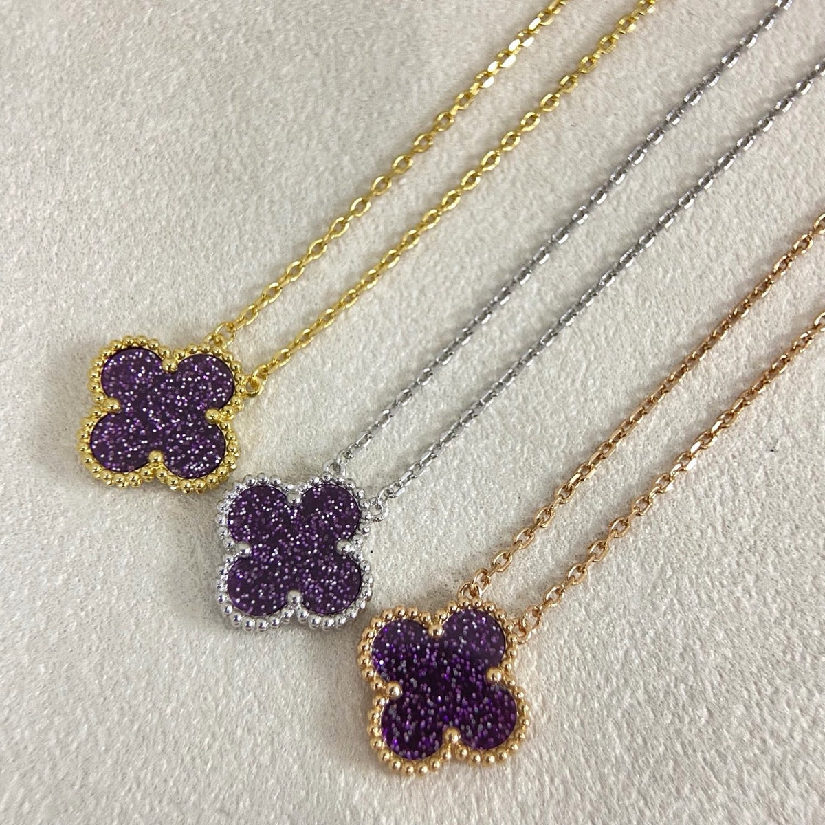 [⭐Hevara Jewelry]NEW 15MM PURPLE SAND-GOLD FOUR-LEAF CLOVER NECKLACE