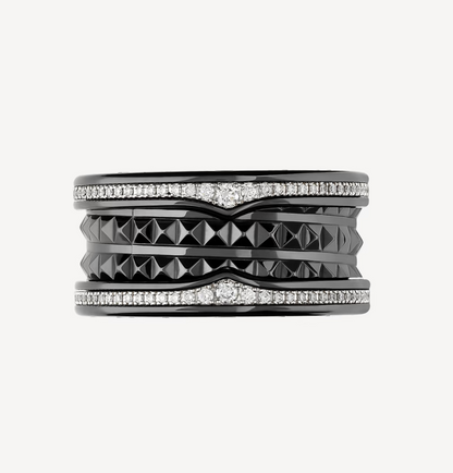 [⭐Hevara Jewelry]ZERO 1 ROCK FOUR-BAND BLACK CERAMIC WITH STUDDED SPIRAL AND PAVED DIAMONDS RING