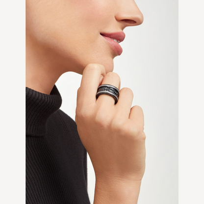 [⭐Hevara Jewelry]ZERO 1 ROCK FOUR-BAND BLACK CERAMIC WITH STUDDED SPIRAL AND PAVED DIAMONDS RING