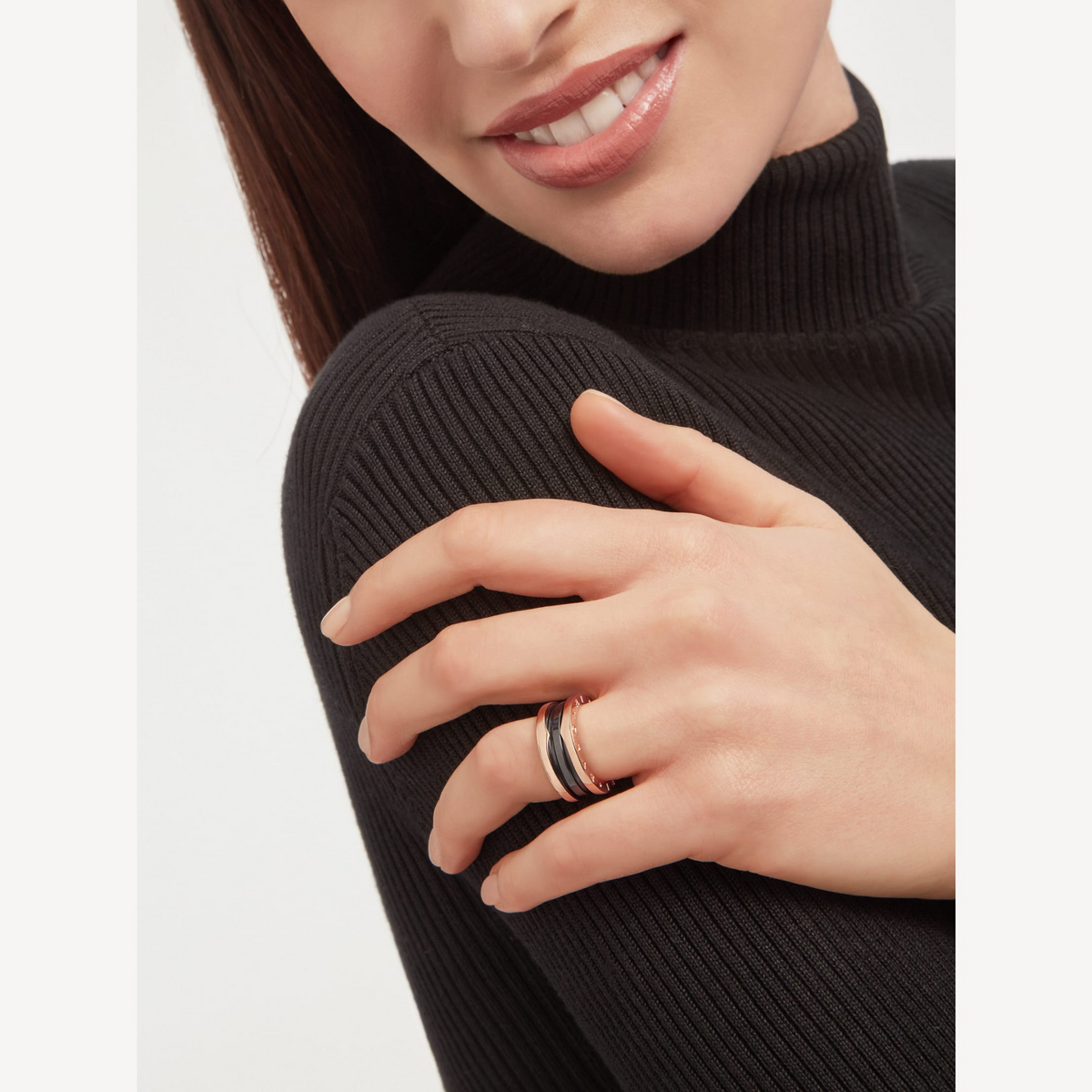 [⭐Hevara Jewelry]ZERO 1 TWO-BAND LOOPS AND BLACK CERAMIC PINK GOLD RING