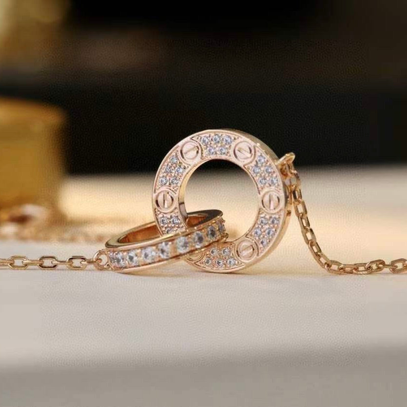 [⭐Hevara Jewelry]LOVE 7.6MM NECKLACE ROSE GOLD AND SILVER  FULL DIAMOND