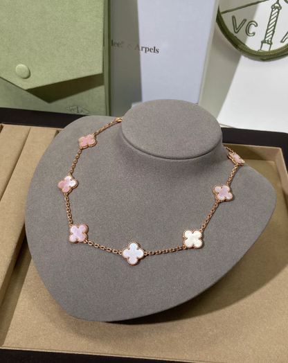 [⭐Hevara Jewelry Jewellery] Pink Necklace with Ten Clover Designs