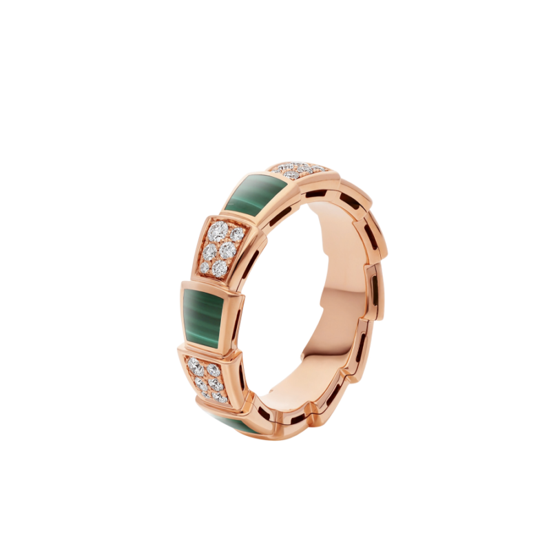 [⭐Hevara Jewelry]SERPENTI RING PINK GOLD MALACHITE DIAMOND PAVED 4MM