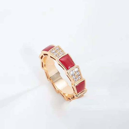 [⭐Hevara Jewelry]SERPENTI RING PINK GOLD CARNELIAN DIAMOND PAVED 4MM