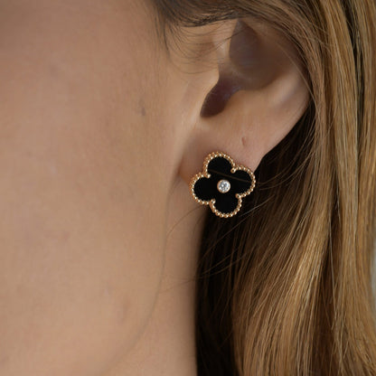 [⭐Hevara Jewelry]CLOVER MEDIUM 1 MOTIFS ONYX DIAMOND EARRINGS