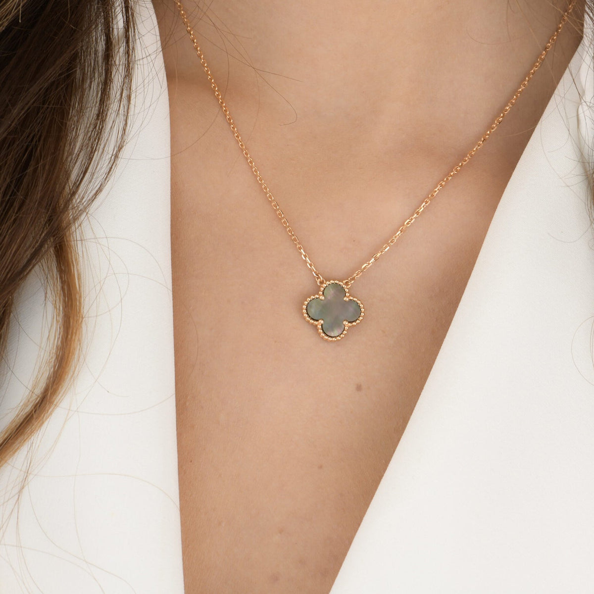 [⭐Hevara Jewelry]CLOVER 15MM  GRAY MOTHER OF PEARL NECKLACE