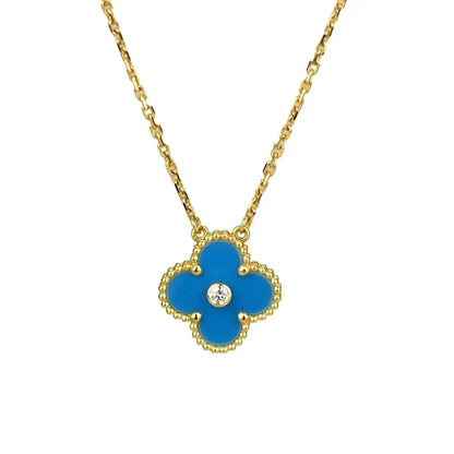 [⭐Hevara Jewelry]CLOVER 15MM DIAMOND AND BLUE AGATE NECKLACE