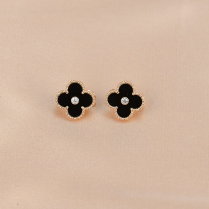 [⭐Hevara Jewelry]CLOVER MEDIUM 1 MOTIFS ONYX DIAMOND EARRINGS