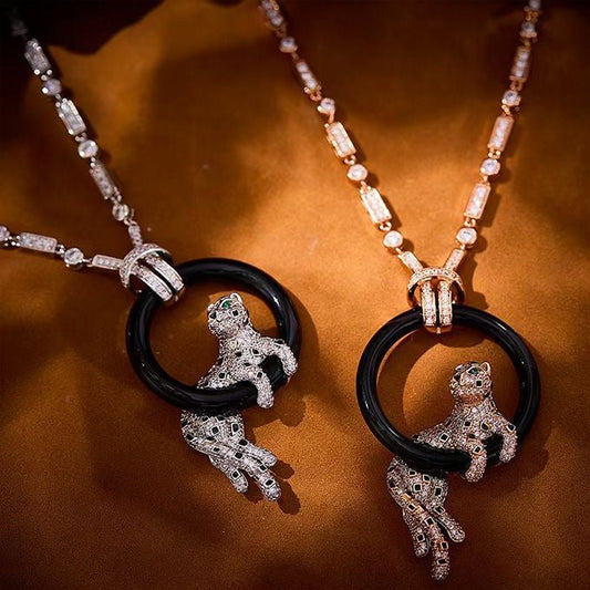 [⭐Hevara Jewelry jewelrys]NEW BLACK CIRCLE PANTHER FULL DIAMOND NECKLACE