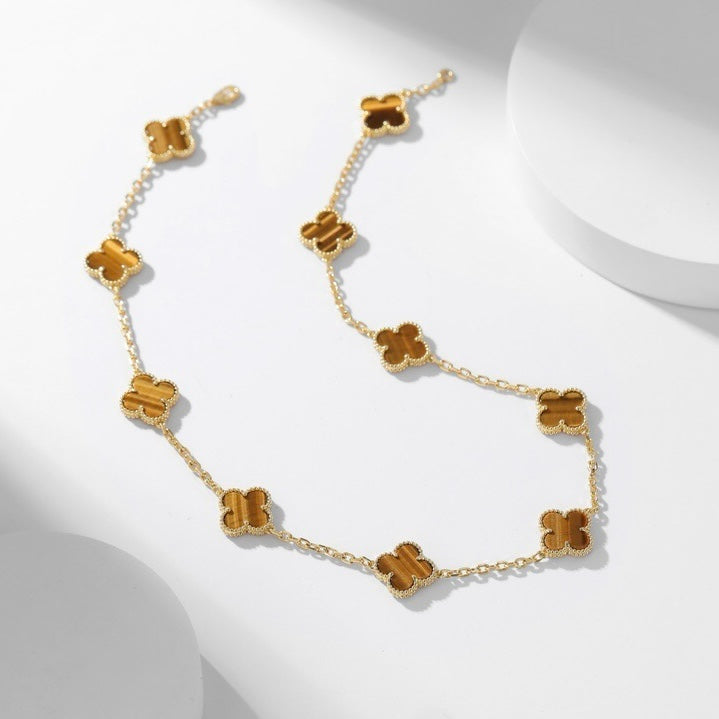 [⭐Hevara Jewelry]CLOVER 10 MOTIFS TIGER EYE NECKLACE