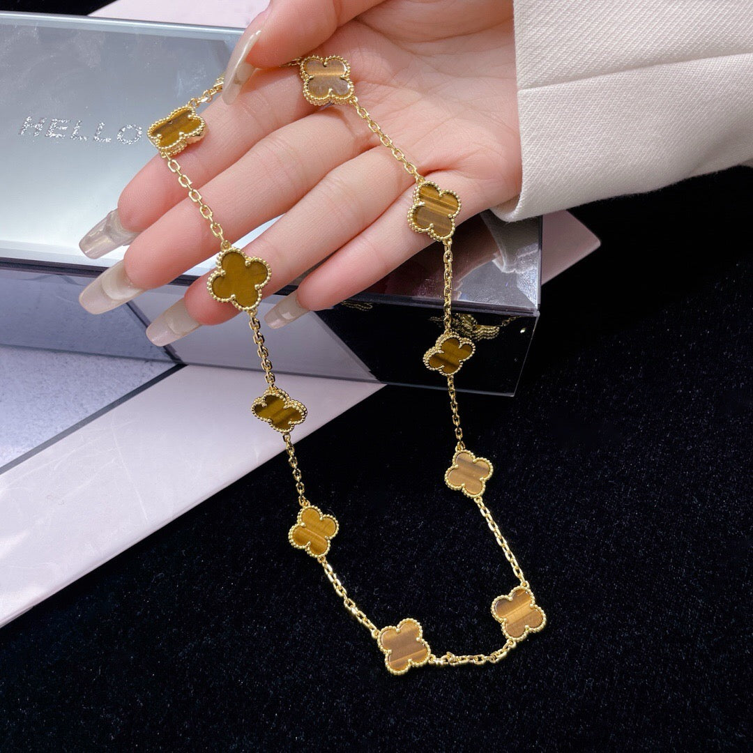 [⭐Hevara Jewelry]CLOVER 10 MOTIFS TIGER EYE NECKLACE
