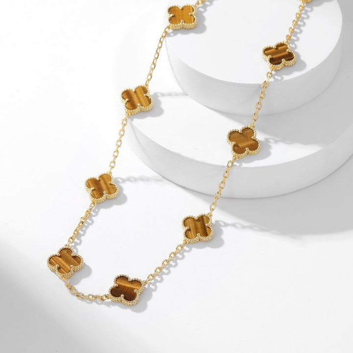 [⭐Hevara Jewelry]CLOVER 10 MOTIFS TIGER EYE NECKLACE