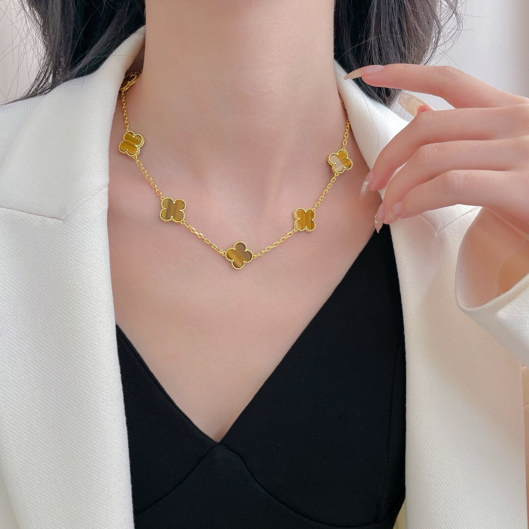 [⭐Hevara Jewelry]CLOVER 10 MOTIFS TIGER EYE NECKLACE