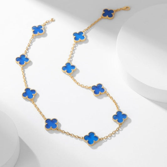 [⭐Hevara Jewelry]CLOVER 10 MOTIFS BLUE AGATE NECKLACE