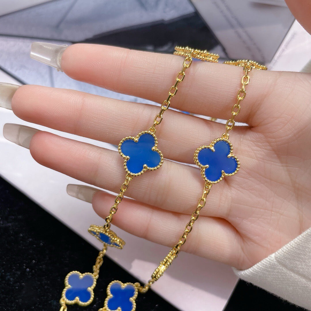 [⭐Hevara Jewelry]CLOVER 10 MOTIFS BLUE AGATE NECKLACE