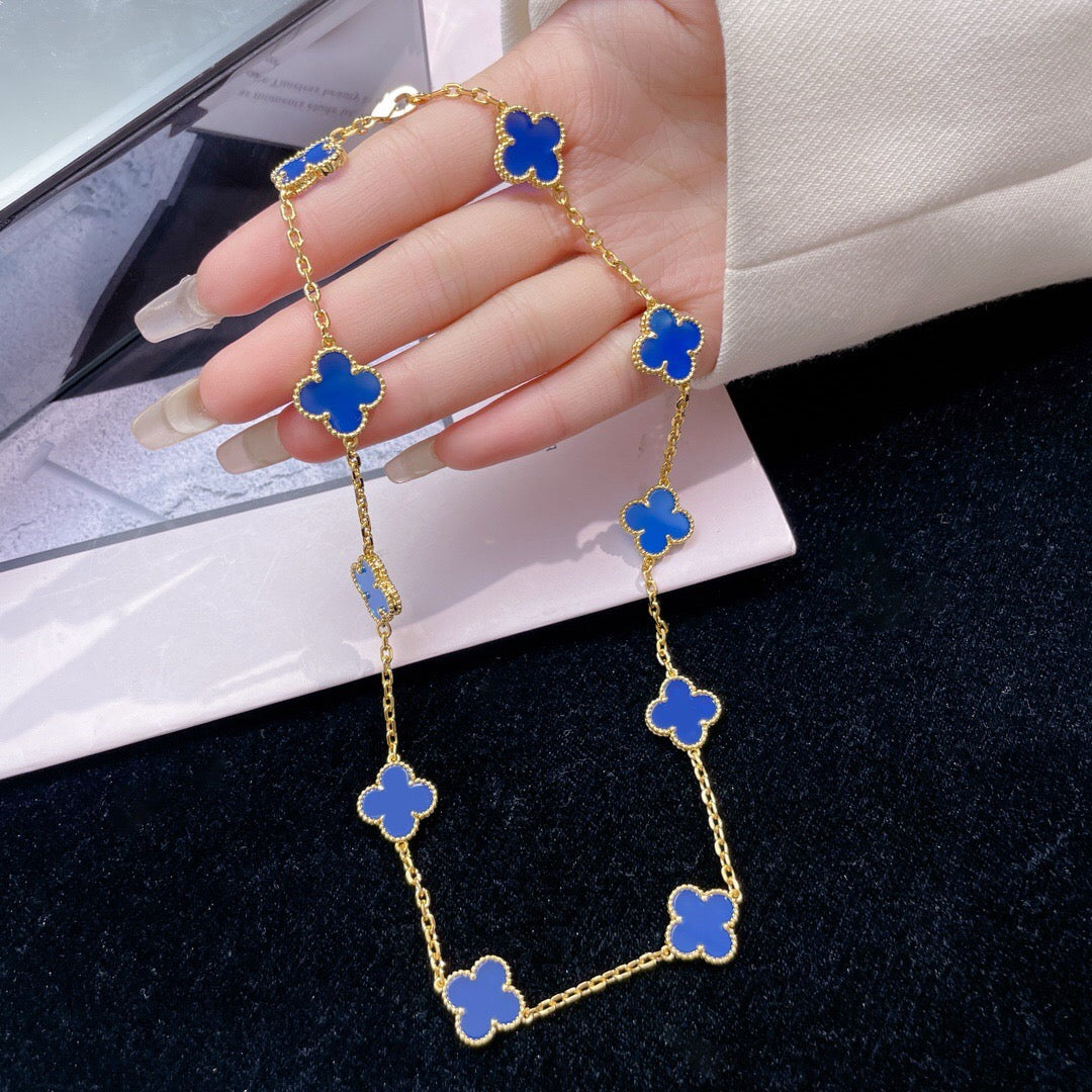[⭐Hevara Jewelry]CLOVER 10 MOTIFS BLUE AGATE NECKLACE