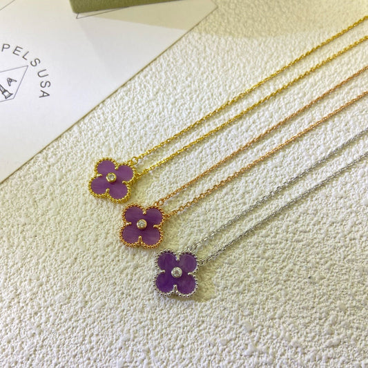 [⭐Hevara Jewelry Jewelry]CLOVER 15MM DIAMOND  PURPLE VIOLET NECKLACE