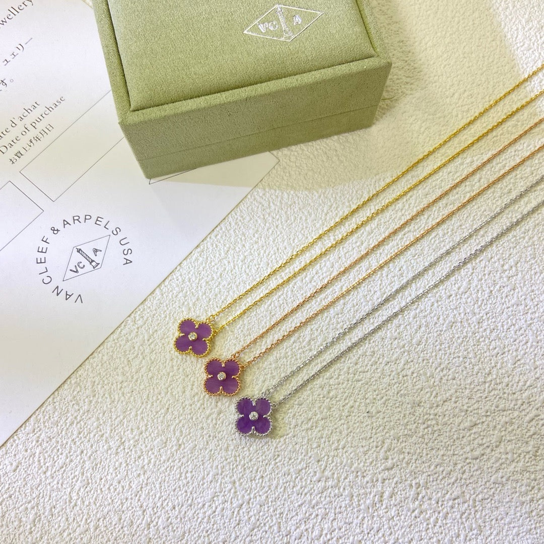 [⭐Hevara Jewelry Jewelry]CLOVER 15MM DIAMOND  PURPLE VIOLET NECKLACE