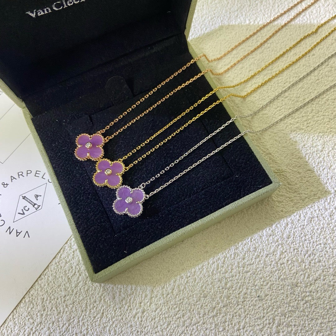 [⭐Hevara Jewelry Jewelry]CLOVER 15MM DIAMOND  PURPLE VIOLET NECKLACE