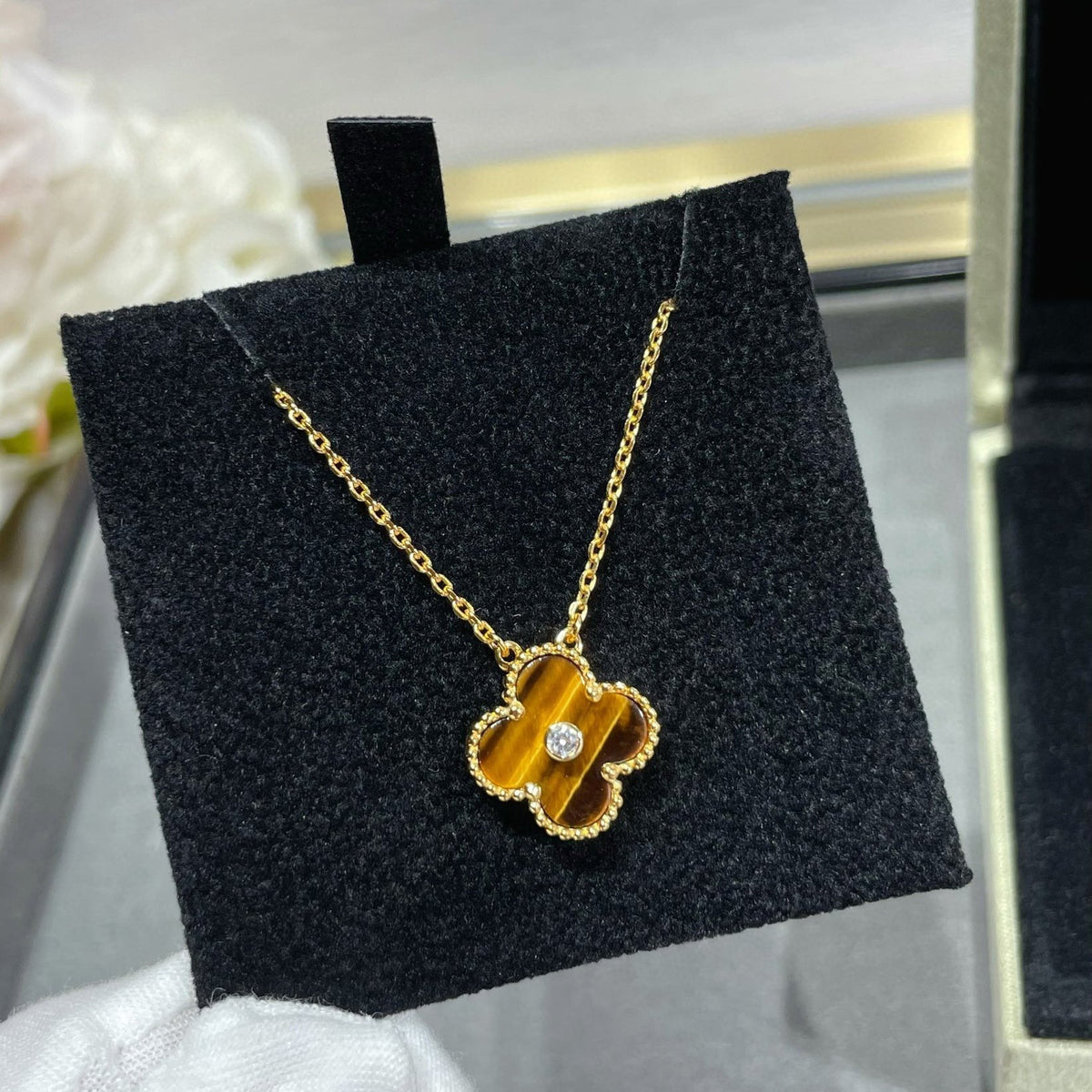 [⭐Hevara Jewelry]CLOVER 15MM DIAMOND AND YELLOW TIGER'S EYE AGATE necklace