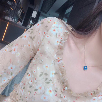 [⭐Hevara Jewelry]CLOVER 15MM DIAMOND AND BLUE AGATE NECKLACE