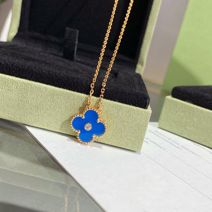 [⭐Hevara Jewelry]CLOVER 15MM DIAMOND AND BLUE AGATE NECKLACE