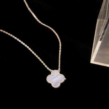 [⭐Hevara Jewelry]CLOVER 15MM BLUE CHALCEDONY NECKLACE SILVER
