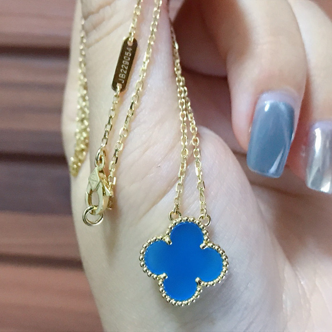 [⭐Hevara Jewelry]CLOVER 15MM BLUE AGATE NECKLACE
