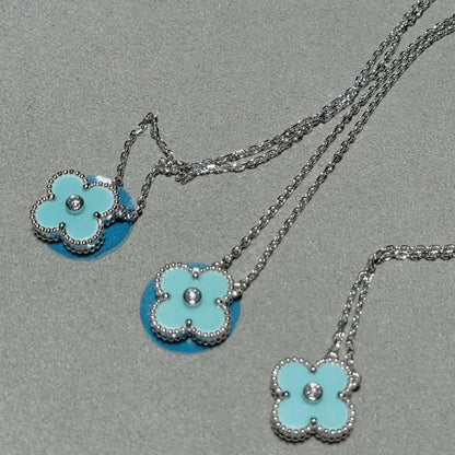 [⭐Hevara Jewelry]CLOVER 1 DIAMOND LIGHT BLUE SILVER NECKLACE