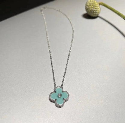 [⭐Hevara Jewelry]CLOVER 1 DIAMOND LIGHT BLUE SILVER NECKLACE