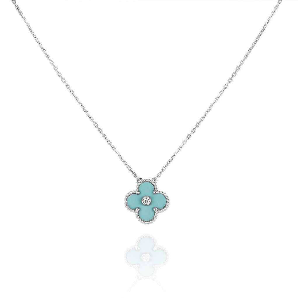 [⭐Hevara Jewelry]CLOVER 1 DIAMOND LIGHT BLUE SILVER NECKLACE