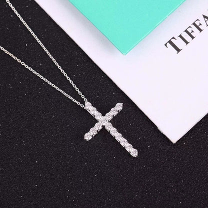 [Hevara Jewelry]MOISSANITE STONE CROSS PENDANT NECKLACE SIMULATED DIAMOND CROSS CHOKER
