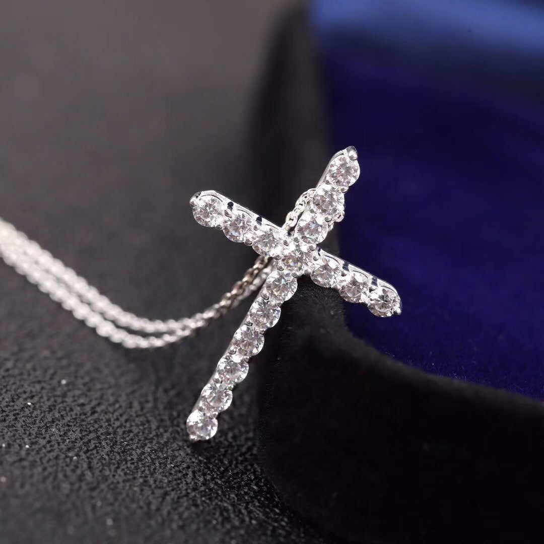[Hevara Jewelry]MOISSANITE STONE CROSS PENDANT NECKLACE SIMULATED DIAMOND CROSS CHOKER