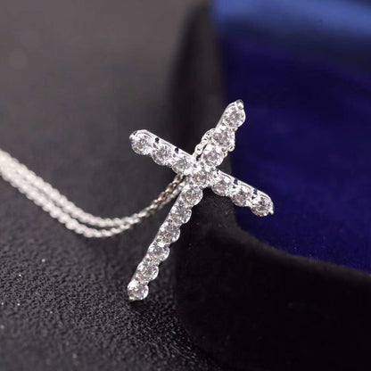 [Hevara Jewelry]MOISSANITE STONE CROSS PENDANT NECKLACE SIMULATED DIAMOND CROSS CHOKER