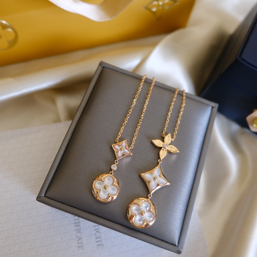 [⭐Hevara Jewelry]COLOR BLOSSOM LARIAT NECKLACE PINK GOLD WHITE MOTHER PEARL AND DIAMOND