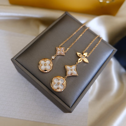 [⭐Hevara Jewelry]COLOR BLOSSOM LARIAT NECKLACE PINK GOLD WHITE MOTHER PEARL AND DIAMOND